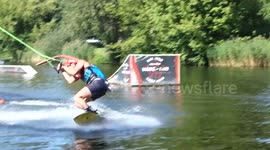 What happens when a pro and a beginner are wakeboarding together...