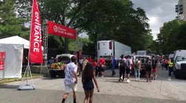Made In America crowds gather and walk up the Ben Franklin Parkway in Center City Philadelphia.