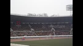 North Korea. DPRK. Pyongyang. Marathon 15. Views full stadium cheer, mexican wave, ola mexicana. 2015