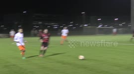 Amateur player Lee Hargadon nutmegs opponent