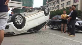 Truck tail lift catapults car into midair
