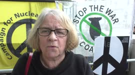 Lindsey German of STW protest No Nuclear War, Downing Street, London