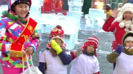 Chinese kids in winter gear in Harbin, China with arctic temperatures
