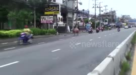 Runaway buffalo chased down street after goring six in Thailand