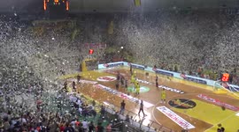 Confetti rains down before Greek basketball game