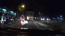 Biker throws a Can into a Van and Gets Hit by Same