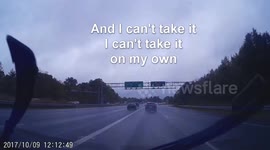 Daschcam of car spinning out of control in time to music about losing control.