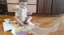 Toddler Gets Messy with Paint - Spills Water