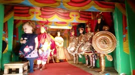 Funny Toddler Meets Puppets Onstage after Teatro Dei Pupi Siciliani in Palermo, Italy