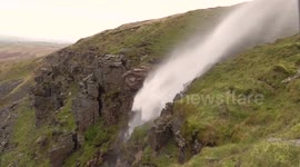 Waterfall blown upwards by strong winds of Storm Ophelia