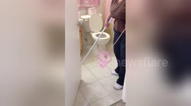 Woman freaks out as she tries to remove a lizard from her house