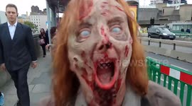 Zombies queue for bus on London's Waterloo Bridge