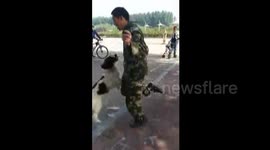 Dogs use skipping rope with owner