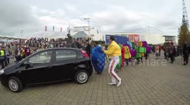 Freddie Mercury and Human Tetris Blocks Follow Car