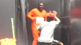 Man in clown mask scares cousin wearing Teletubbies onesie