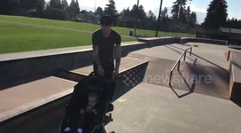 Awesome skateboarding dad does tricks while pushing son's stroller