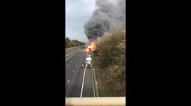 Trailer containing aerosols ignite on the M1 Motorway England UK
