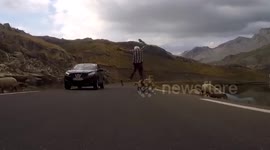 Longboarder sent flying after hitting a sheep mid-ride