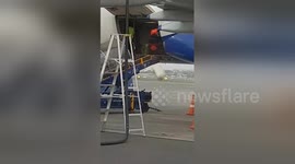 Mumbai airport workers drop bag while unloading aircraft