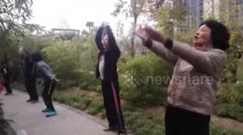 Roar! Chinese senior citizens practice kung fu very loudly in park