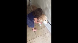 Child giving golden retriever dog lots of love