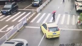 Driver blocks traffic to make way for elderly woman crossing road