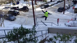 Urban skier tries to enjoy snow, enjoys stop sign instead