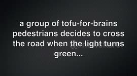 Idiot pedestrians cross the road right as the light turns green.