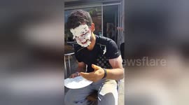 Newsflare Edit - Prank war - surprise public pie in the face