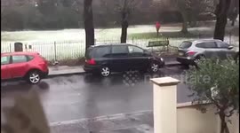 Woman walks fake dog in snow part 2