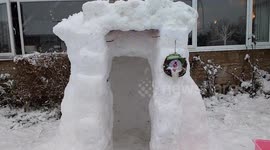 Snow igloo and snowman built by neighbors stuck in the snow.