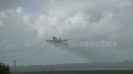 Heavy plane in heavy rain / Takeoff of Silk Way Airlines Boeing 747 4K-SW888 at Hamburg Airport