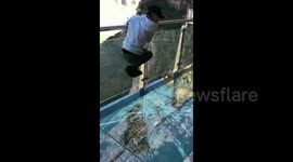 Tourist terrified by glass walkway that cracks under weight