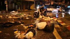 Rubbish strewn streets after heavy rain and flooding in Thailand