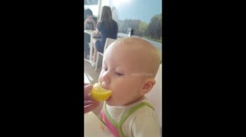 Baby eating lemon first time