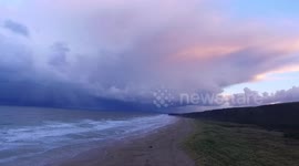 Drone Views Winter Storm Cell Approach Beach