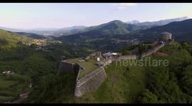 Aerial footage, Verrucole fortress in Tuscany, Italy