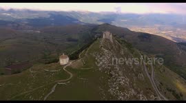 Aerial, Rocca Calascio, an ancient mountaintop fortress in Abruzzo, Italy