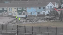Storm Eleanor destroys harbour wall at Portreath, Cornwall
