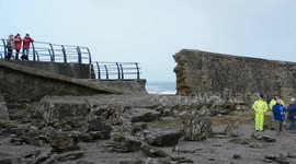 Storm Eleanor destroys harbour wall at Portreath, Cornwall