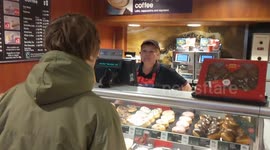 Darts fan gets Greggs employee to say 'one eighty'