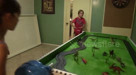 Nutty professor dad builds son a hand generator powered slot car set for Christmas