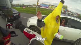 High five with a banana guy on the road