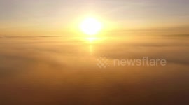 Drone Flight Over Sunset Sea Fog