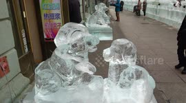 Intricate ice dog sculptures displayed at the world's largest winter fair