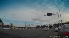 Car suddenly goes off the road, takes out road sign and porta potty