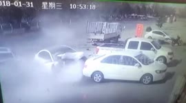 Speeding car crashes head-on into another vehicle after overtaking