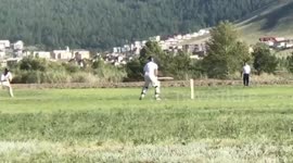 Mongolian cricketer falls into embankment trying to stop a four