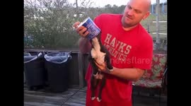Puppy gets her head stuck in a peanut can