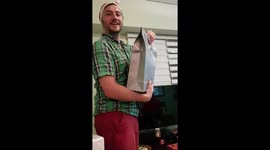 His reaction after giving him the latest samsung sports gear